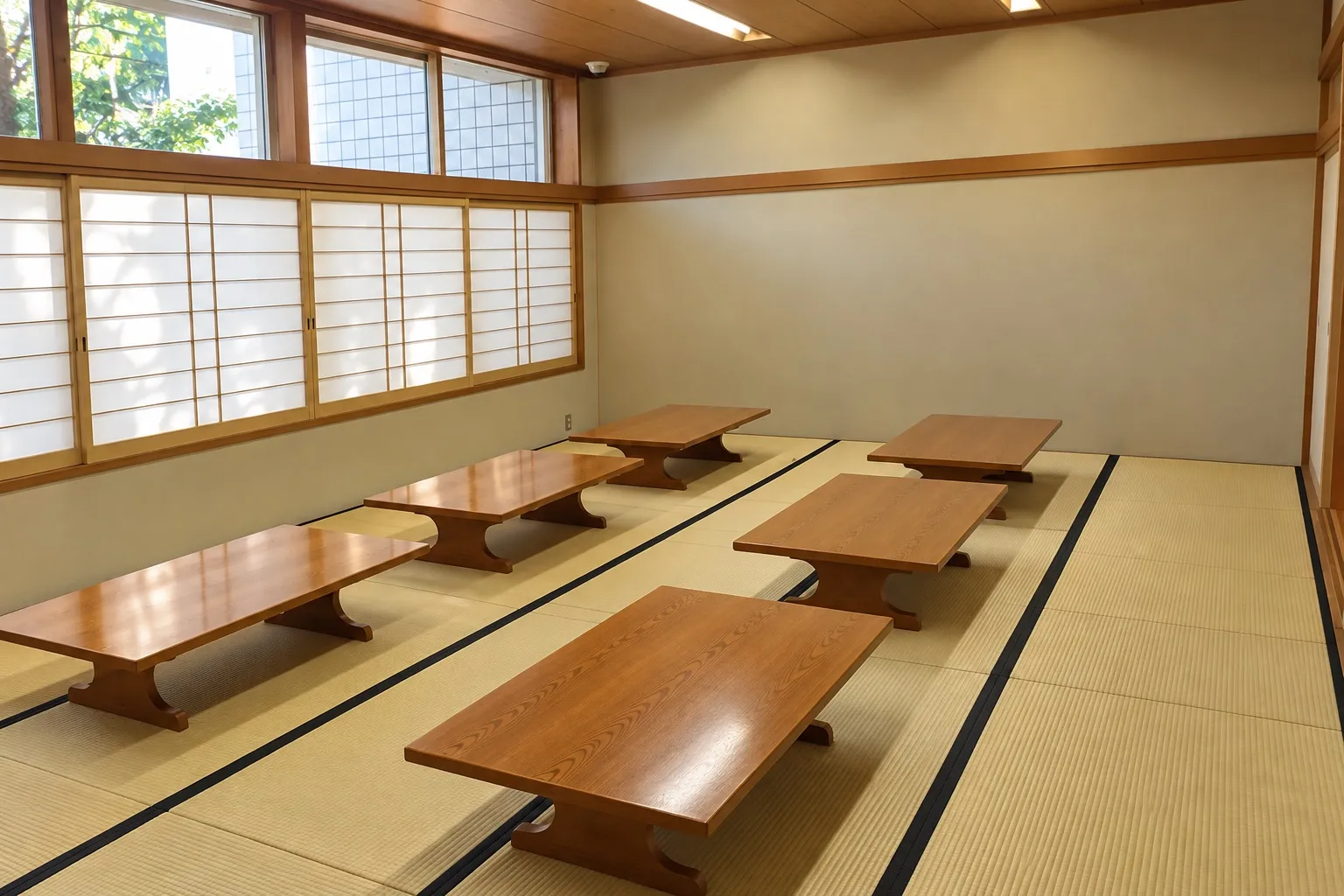 藤沢市斎場の和室の控室。畳の上に木の座卓が並び、障子窓から光が入る(イメージ)
